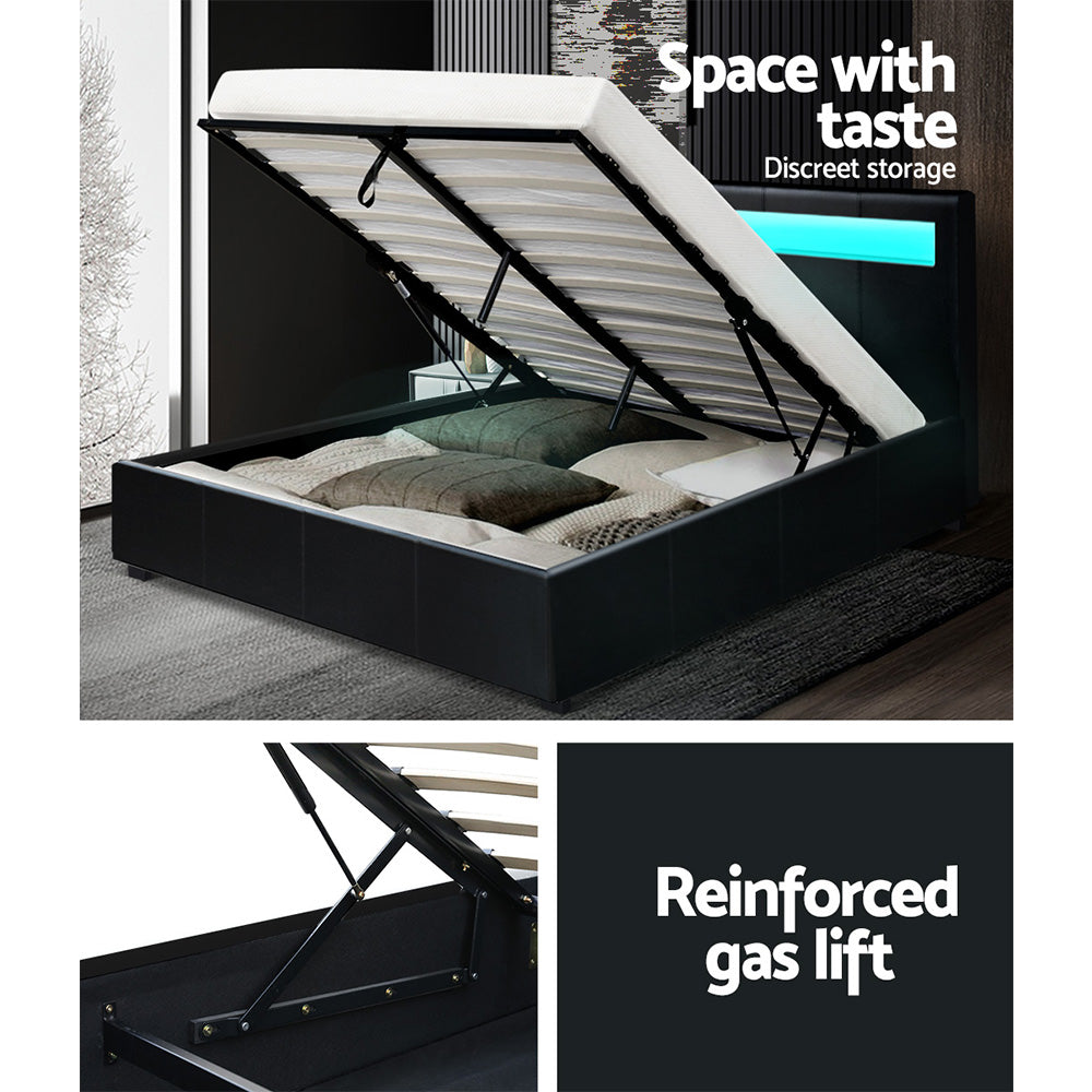 Artiss Cole LED Bed Frame PU Leather Gas Lift Storage - Black Queen