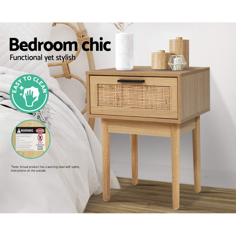 Artiss Bedside Tables Table 1 Drawer Storage Cabinet Rattan Wood Nightstand