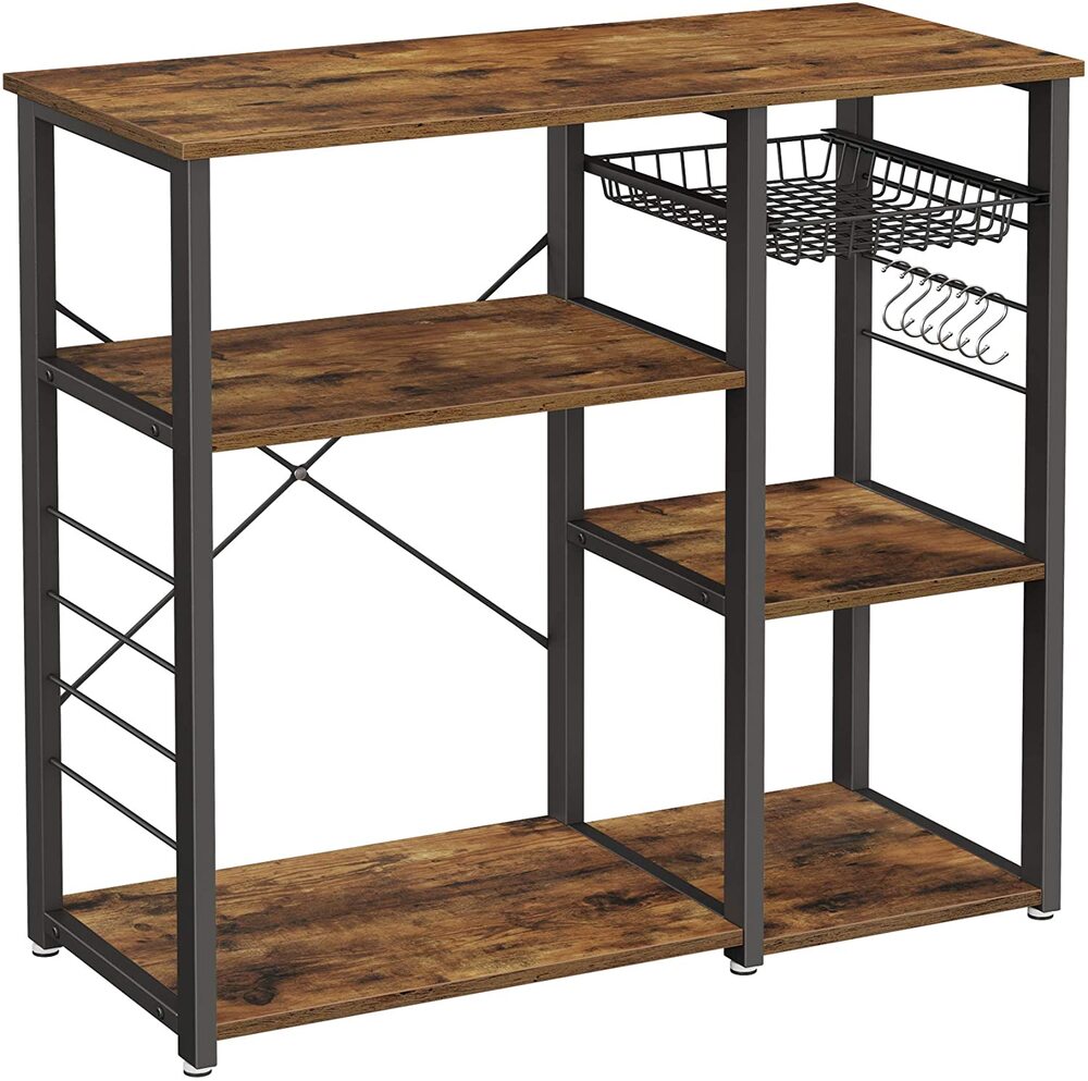 VASAGLE Baker's Rack Kitchen Shelf with Steel Frame Wire Basket and 6 Hooks Rustic Brown and Black