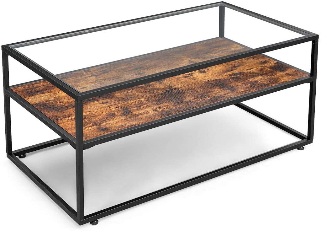 VASAGLE Coffee Table Glass Top Rustic Brown and Black