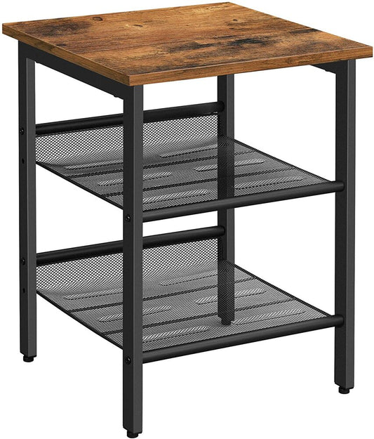 VASAGLE Side Table Nightstand End Table with 2 Adjustable Mesh Shelves Rustic Brown and Black