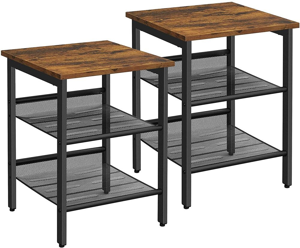 VASAGLE Side Table Set Nightstand Industrial Set of 2 Bedside Tables with Adjustable Mesh Shelves Rustic Brown and Black