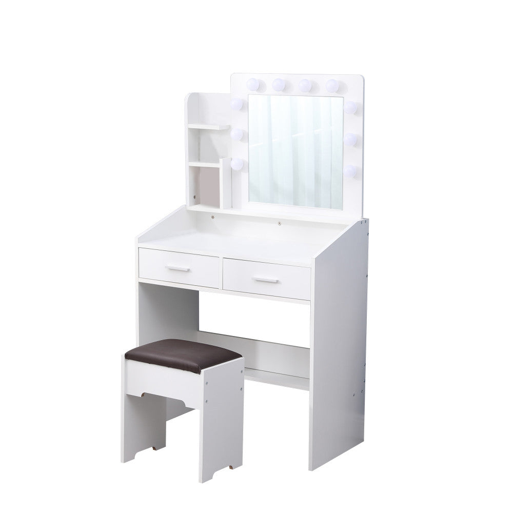 Diana Vanity Set with Shelves Cushioned Stool and Lighted Mirror- White