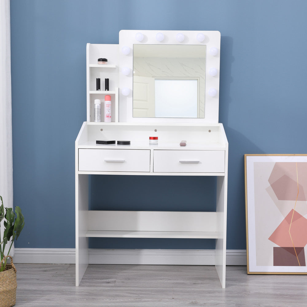 Diana Vanity Set with Shelves Cushioned Stool and Lighted Mirror- White